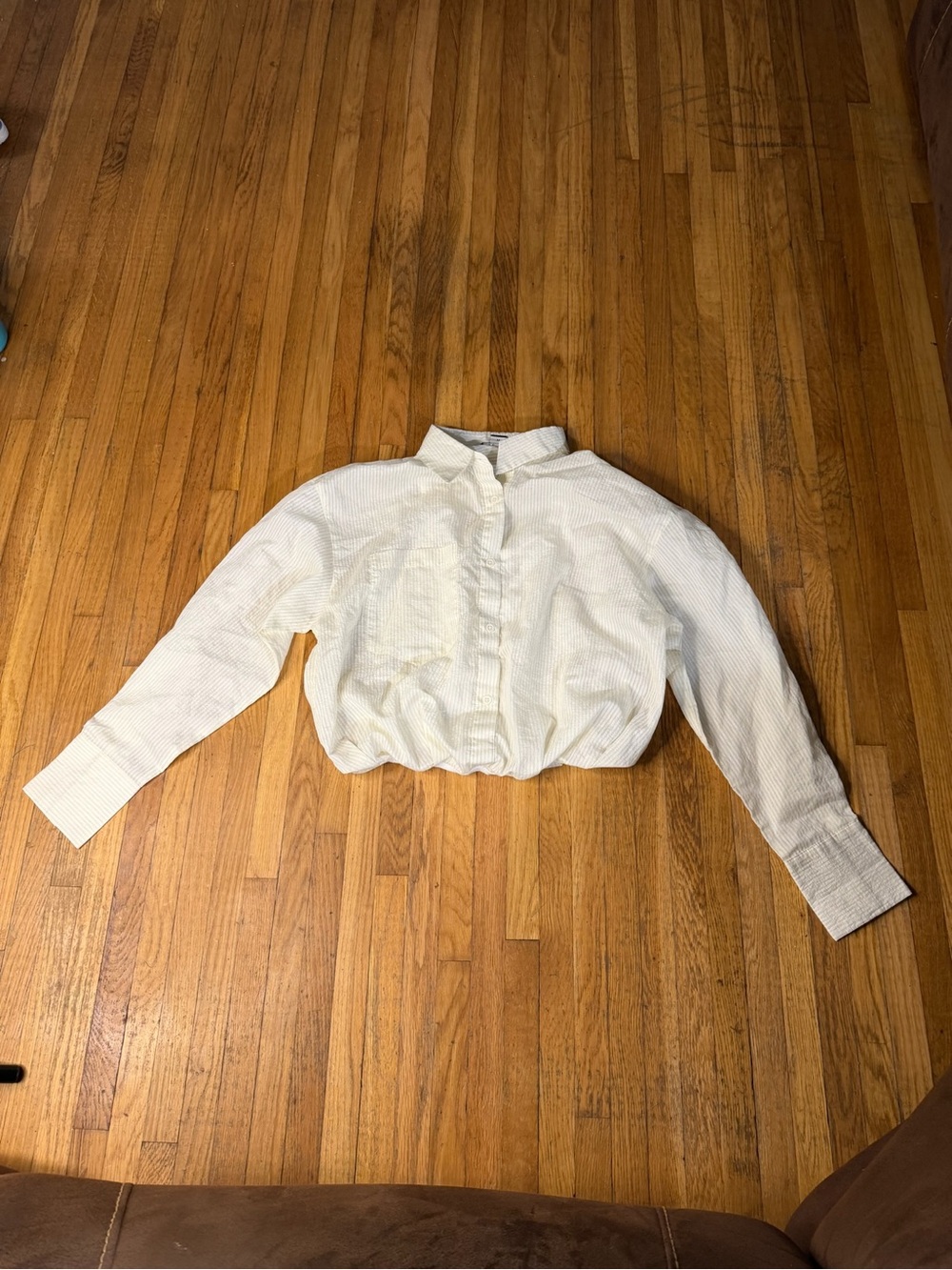 Urban Revivo Striped Crop Button Down Blouse in White Size 6